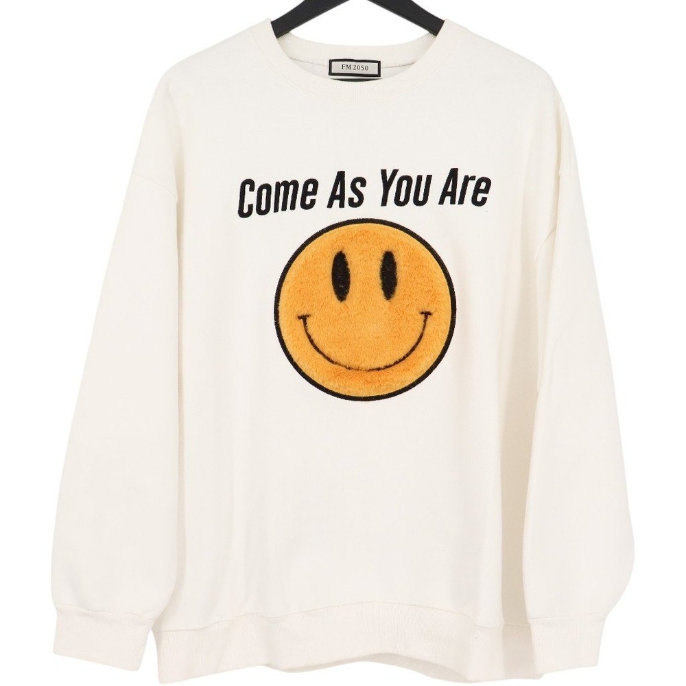 FM 2050 Come As You Are Smiley Face Graphic White Sweatshirt OSFM Made in Korea